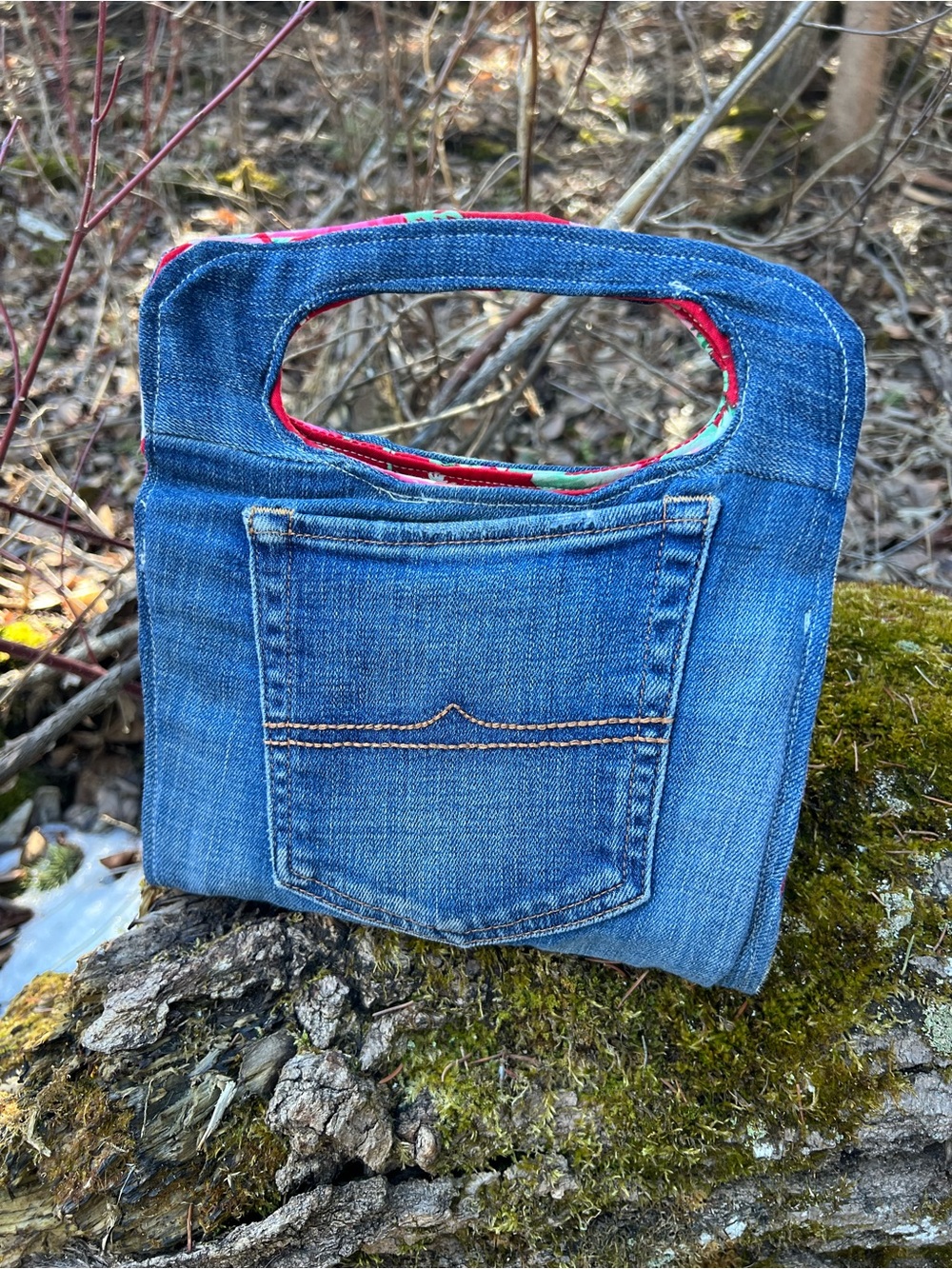 Denim Pocket Mini Handbag with Red Floral Lining